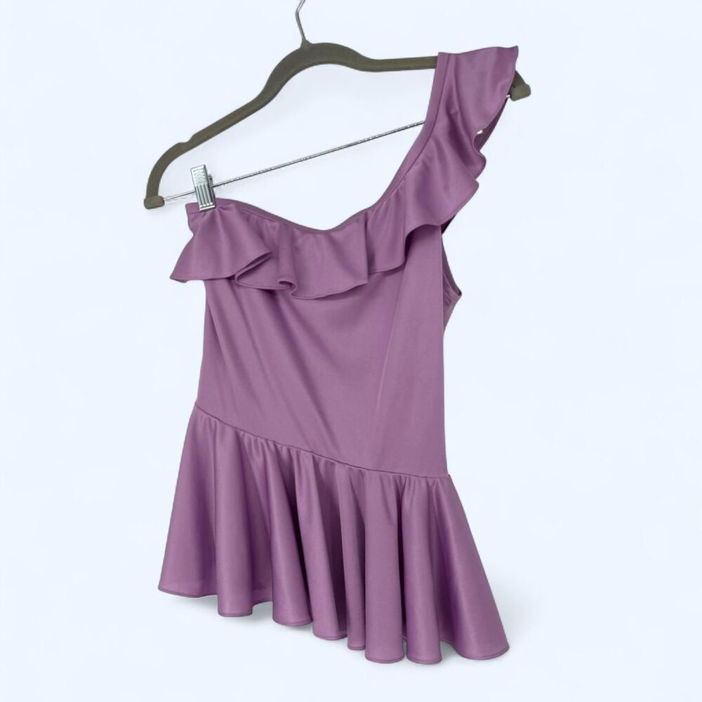 Lilac Purple One Shoulder Ruffle Peplum Top Stretch Asymmetric Tiered Blouse